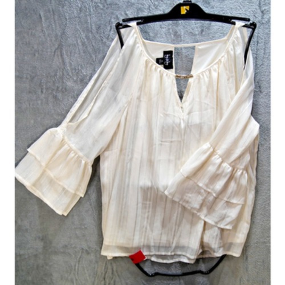 Jay Jay Cold Shoulder White‎ Chiffon Blouse XL Sheer Glitter Trim Bell Sleeve